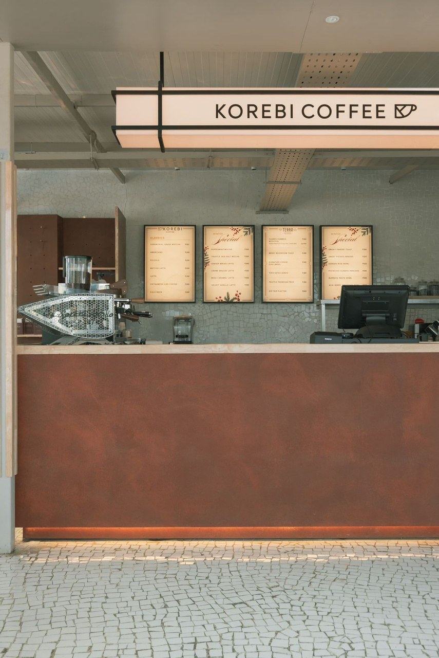 Korebi Coffee counter with menu boards and espresso machine, Mumatpura, Ahmedabad