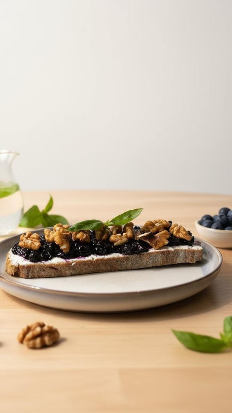 Sourdough toast with whipped cream cheese, blueberry compote and walnuts